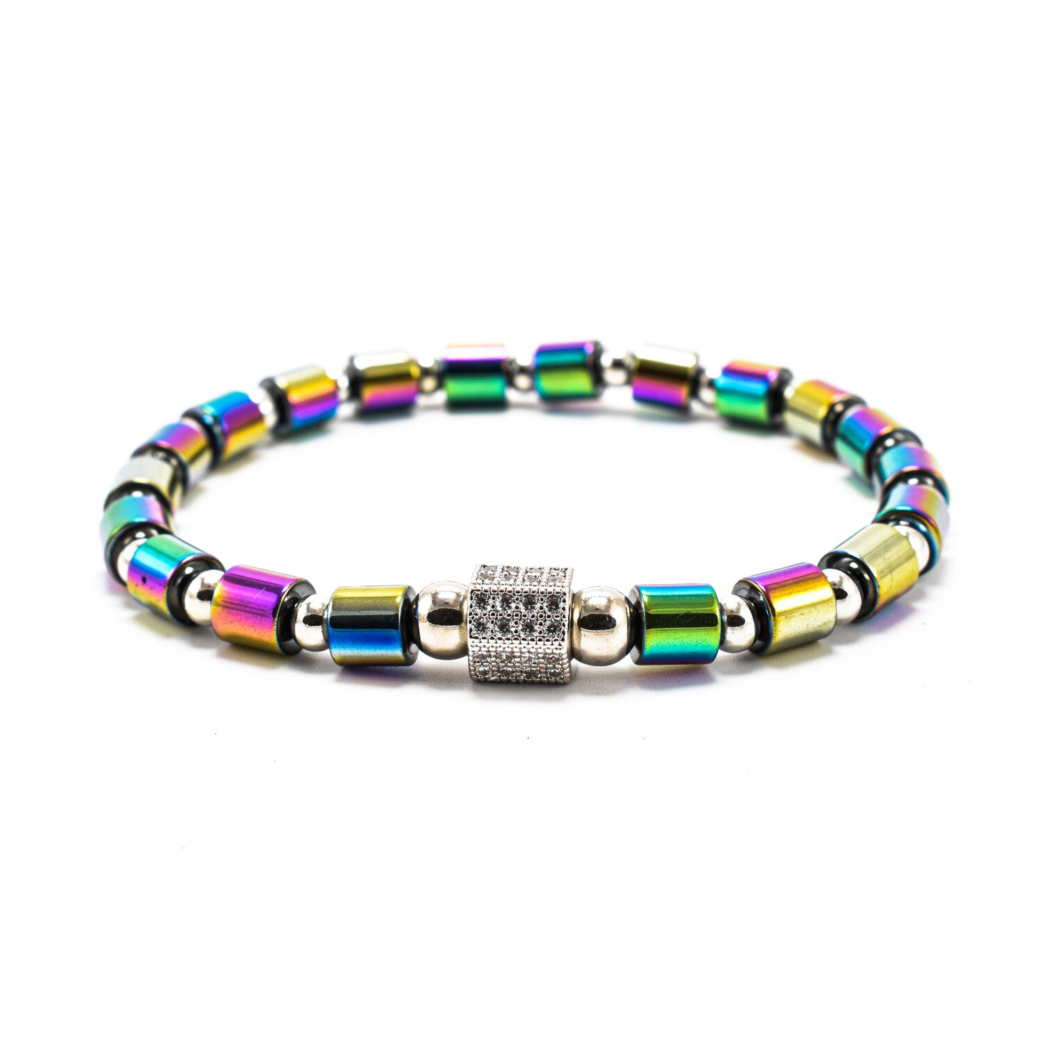 Bratara barbati elastica, cu bile din hematit magnetic electroplacat multicolor si accesorii argintii