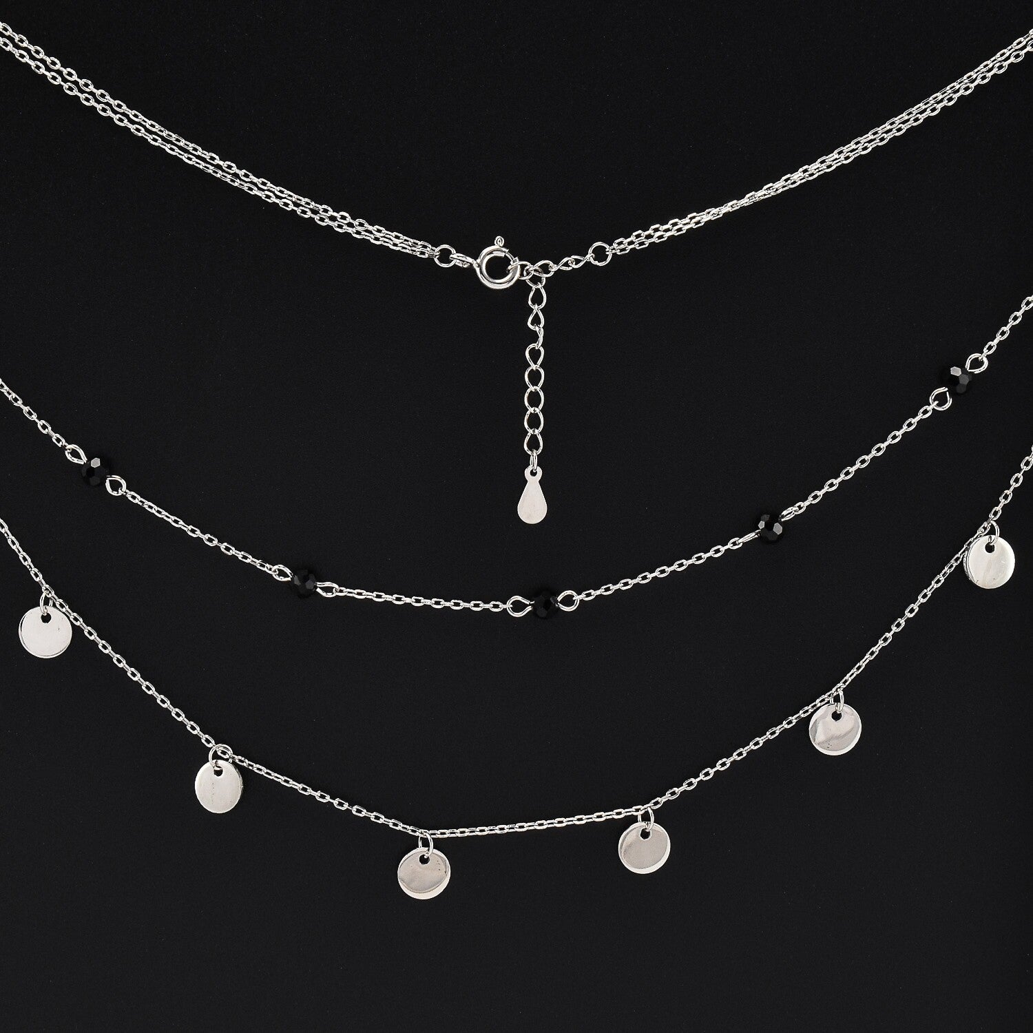 Lantisor dama din argint si cristale negre cu accesorii rotunde