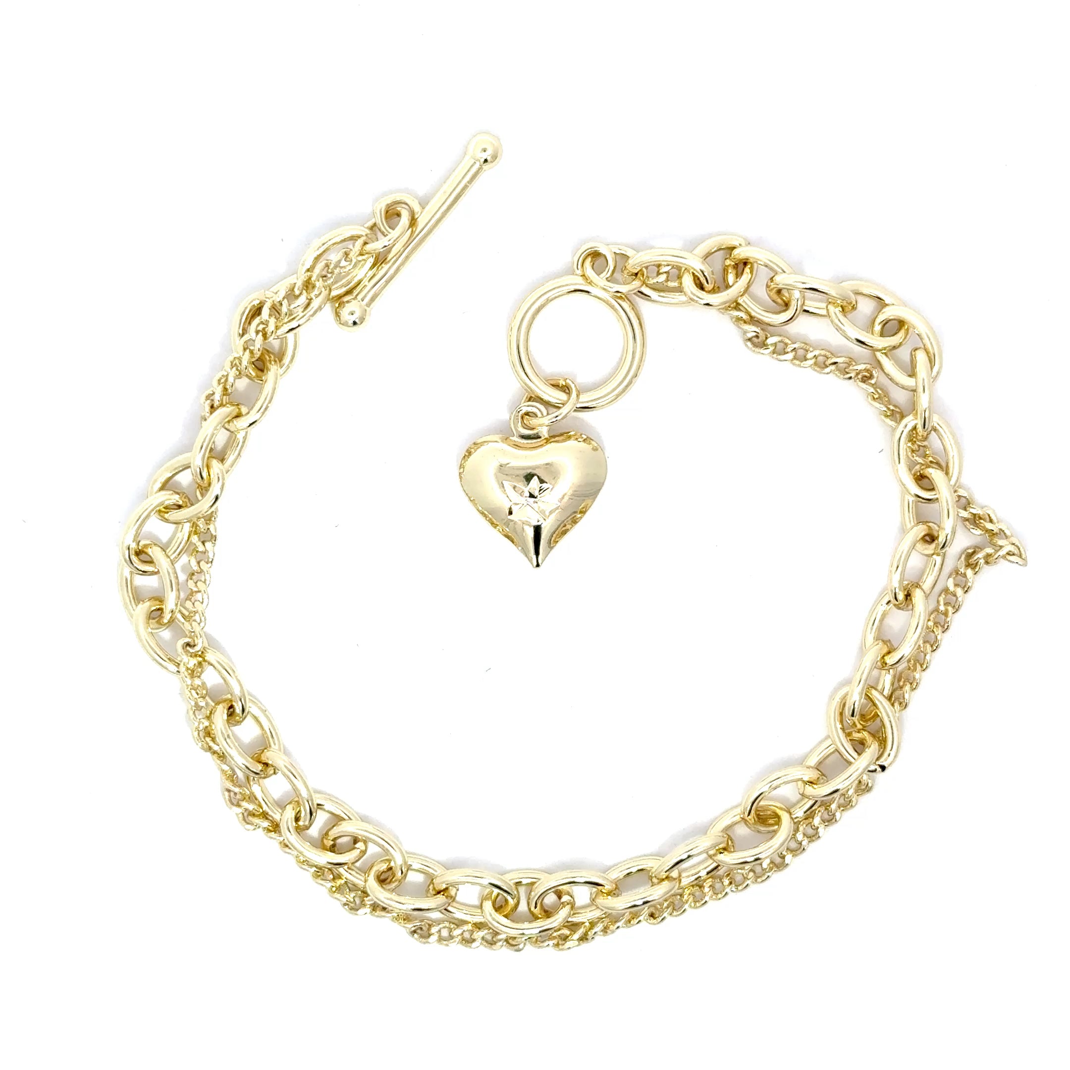 Brățară damă Dublu Lanț și pandantiv Inimă, placată cu aur
