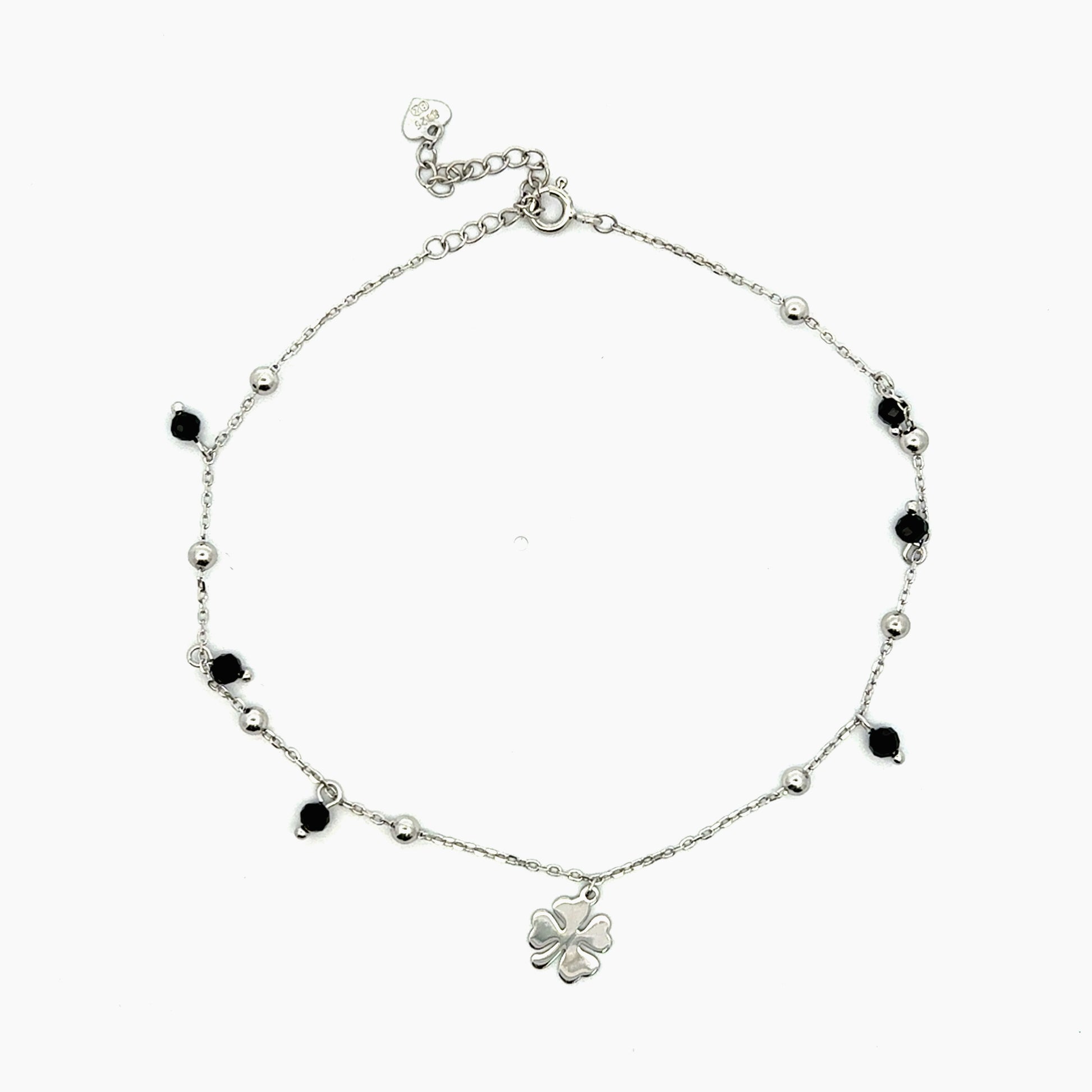 Bratara picior din argint cu bilute pe lant si pandantiv floare