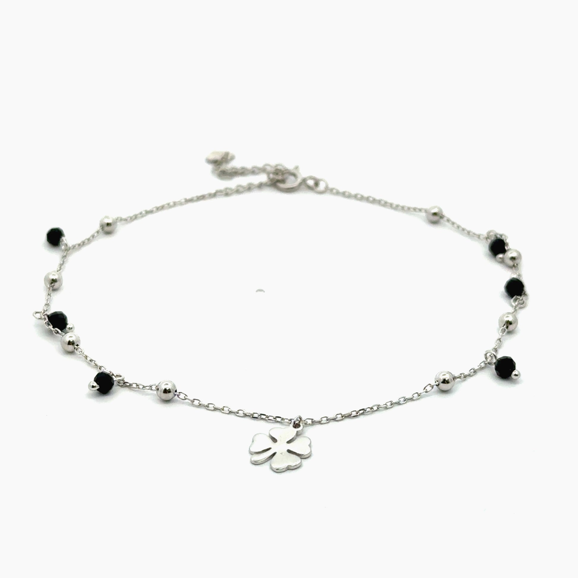 Bratara picior din argint cu bilute pe lant si pandantiv floare