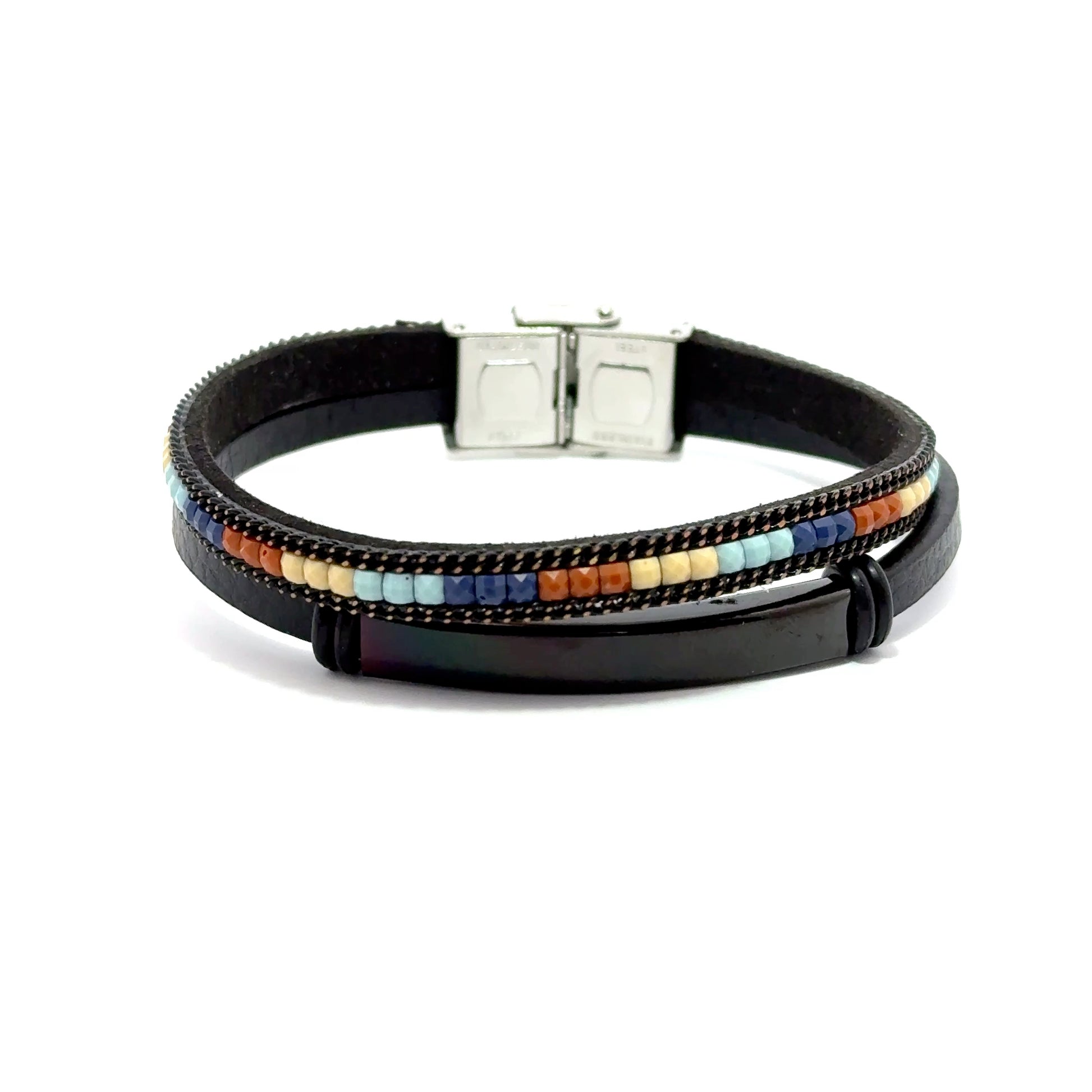 Bratara barbati din piele si otel inoxidabil