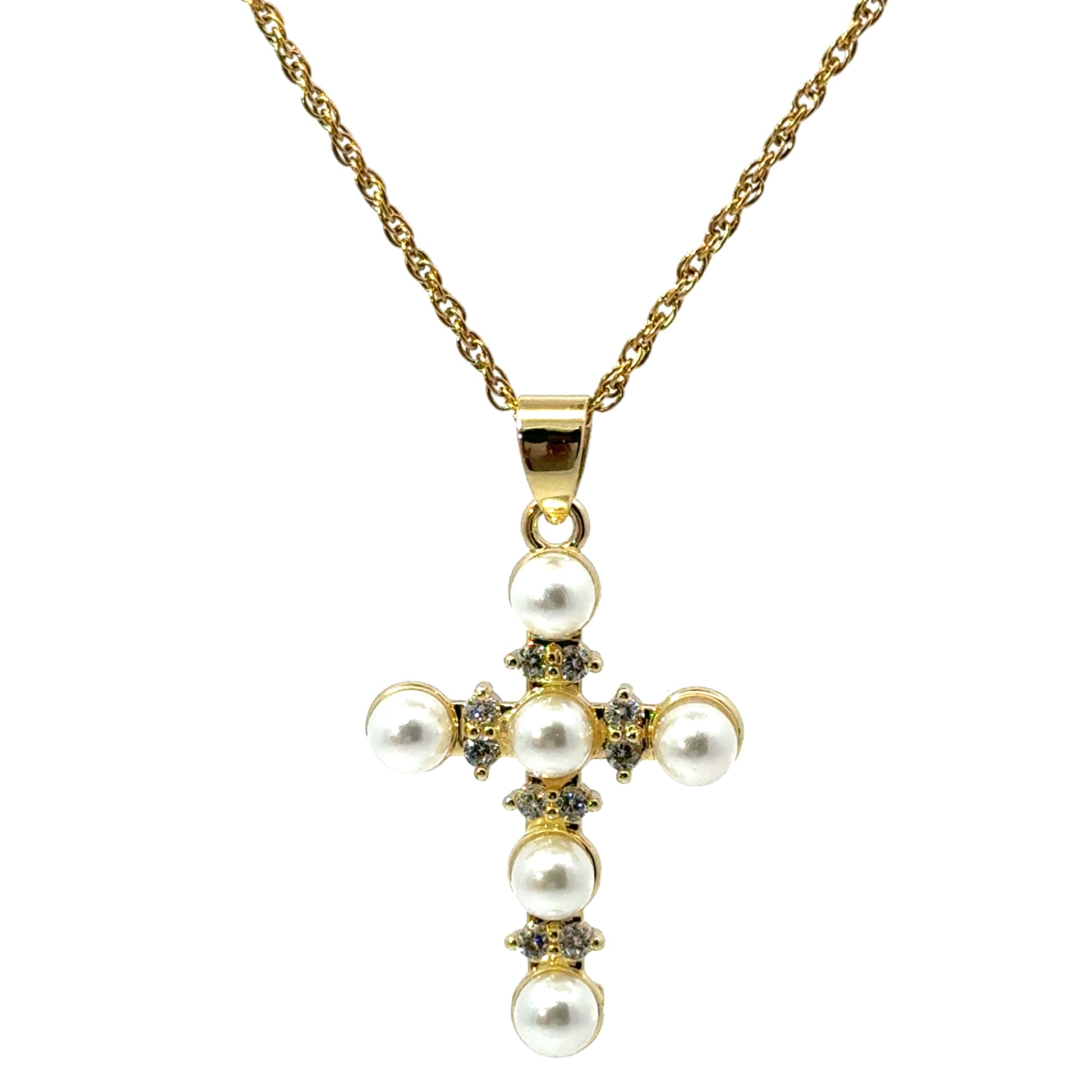 Lanț damă CRUCE, placat cu aur 14k, zirconia + perle sintetice