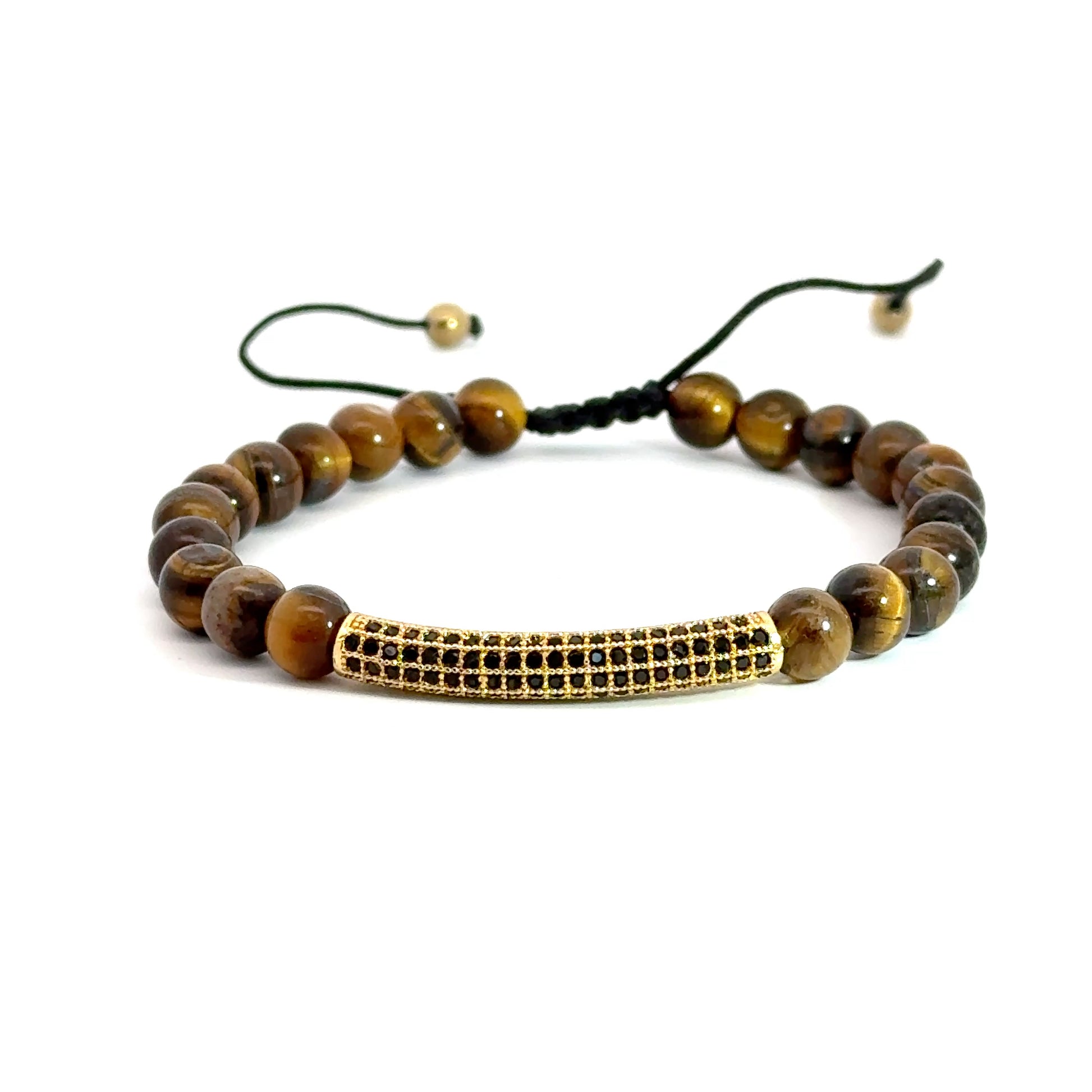 Bratara barbati din ochi de tigru si accesoriu auriu cu cristale zirconia