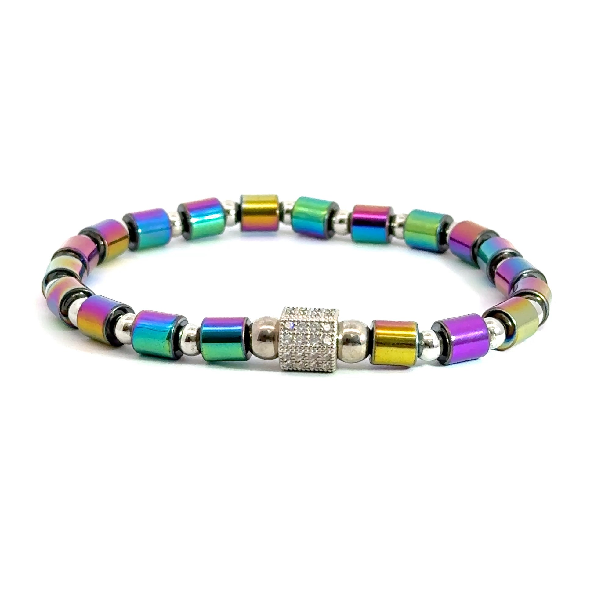 Bratara barbati elastica, cu bile din hematit magnetic electroplacat multicolor si accesorii argintii