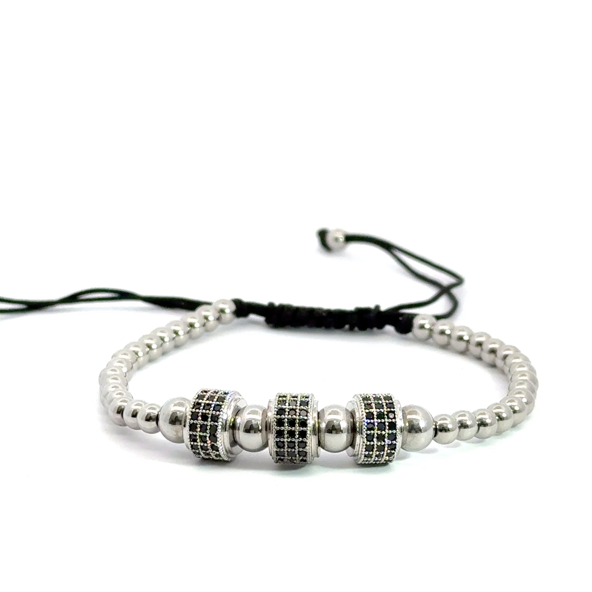 Bratara barbati cu accesorii argintii si cristale zirconia negre