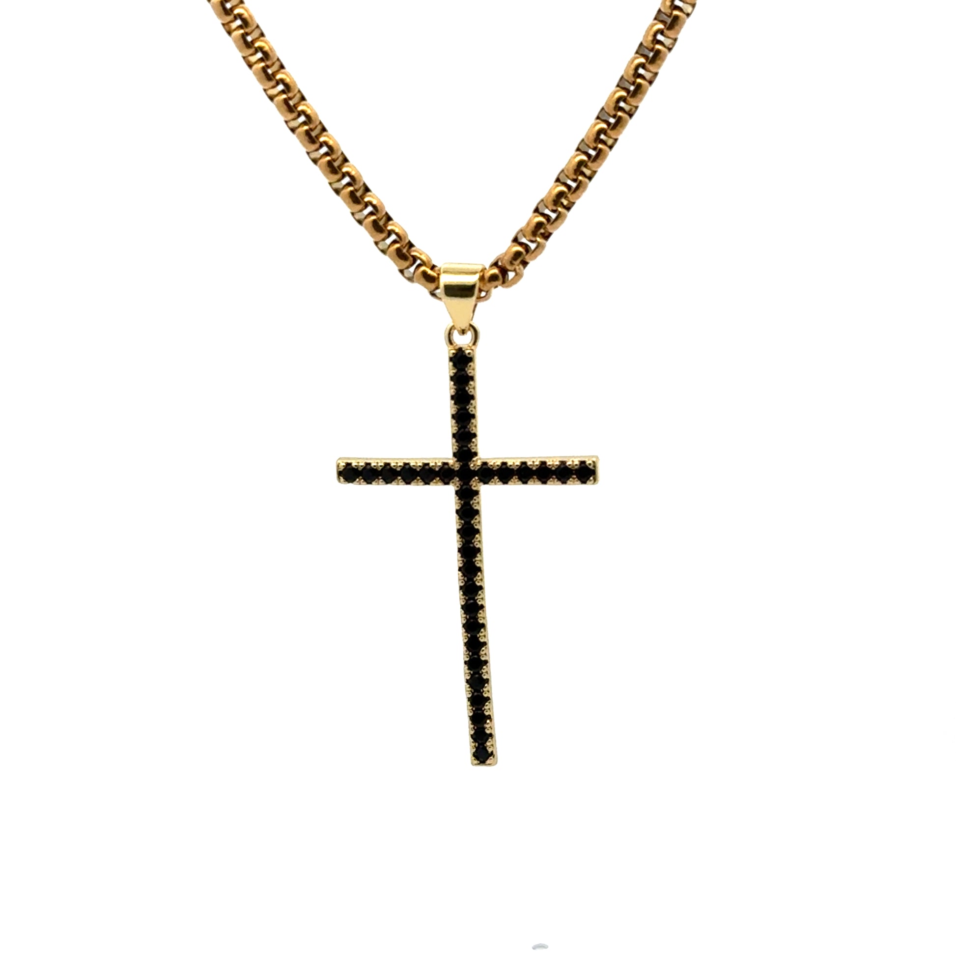 Lant barbati din metal comun si zirconiu, placat cu aur GP18K cu pandantiv cruce