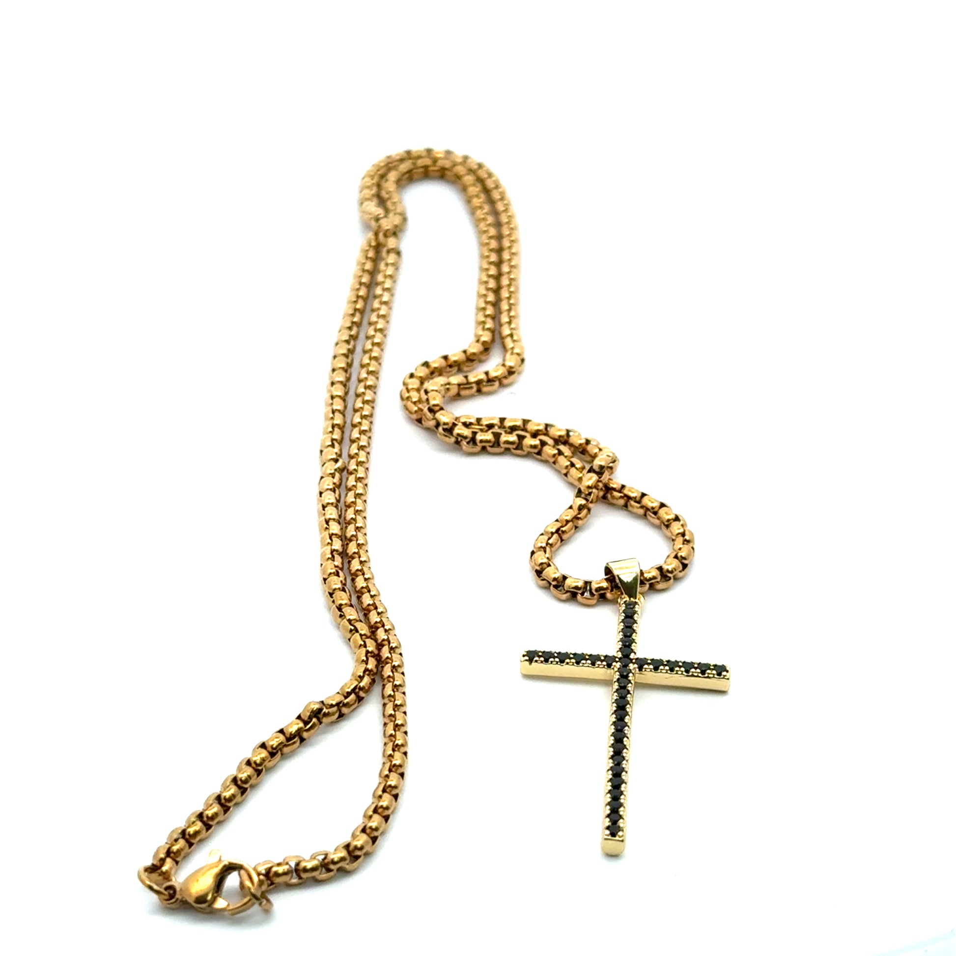 Lant barbati din metal comun si zirconiu, placat cu aur GP18K cu pandantiv cruce