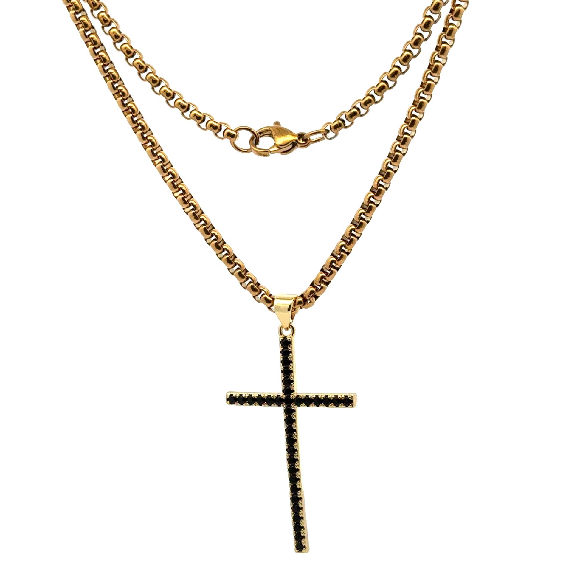 Lant barbati din metal comun si zirconiu, placat cu aur GP18K cu pandantiv cruce