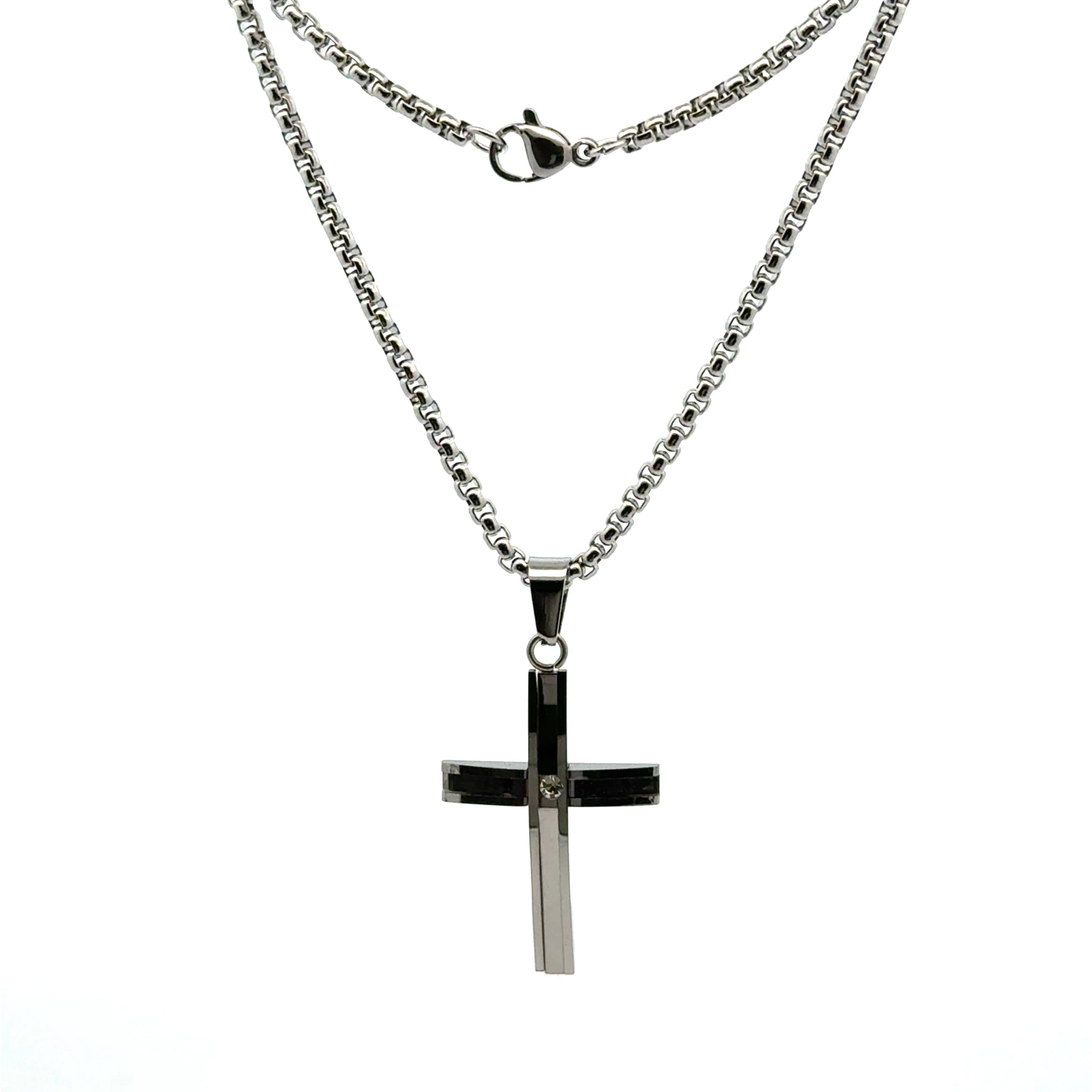 Lant barbati din metal comun si zirconiu cu pandantiv cruce