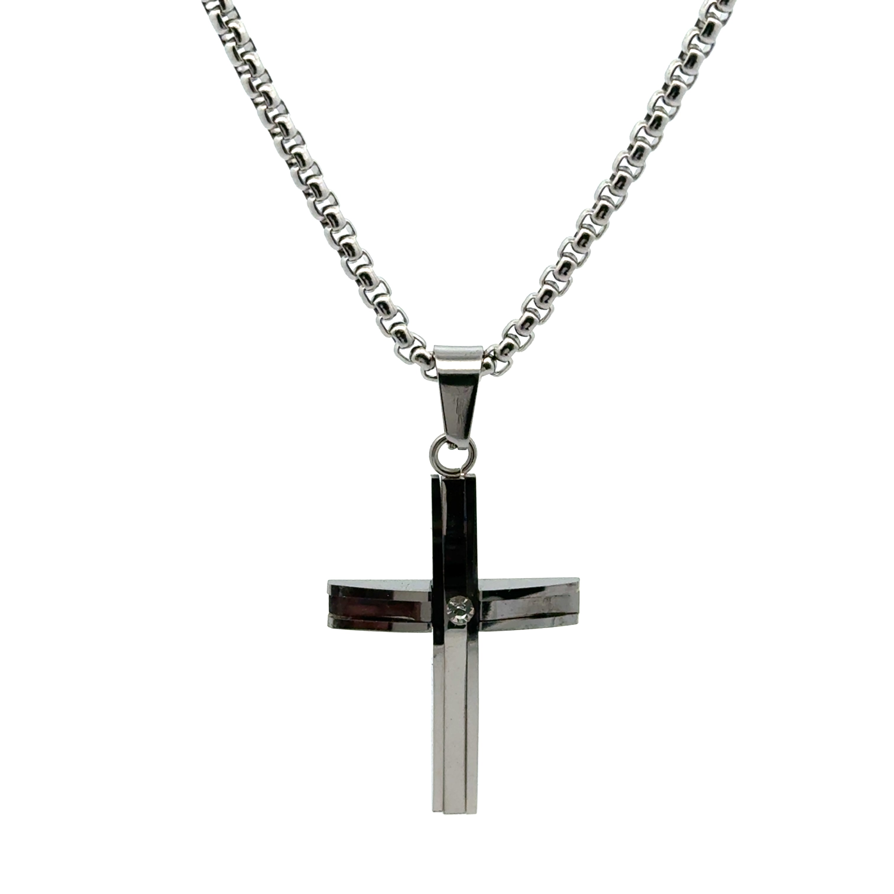 Lant barbati din metal comun si zirconiu cu pandantiv cruce