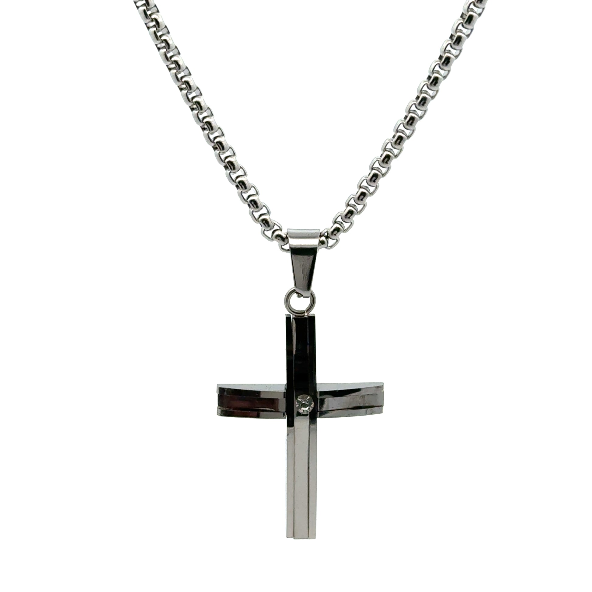 Lant barbati din metal comun si zirconiu cu pandantiv cruce