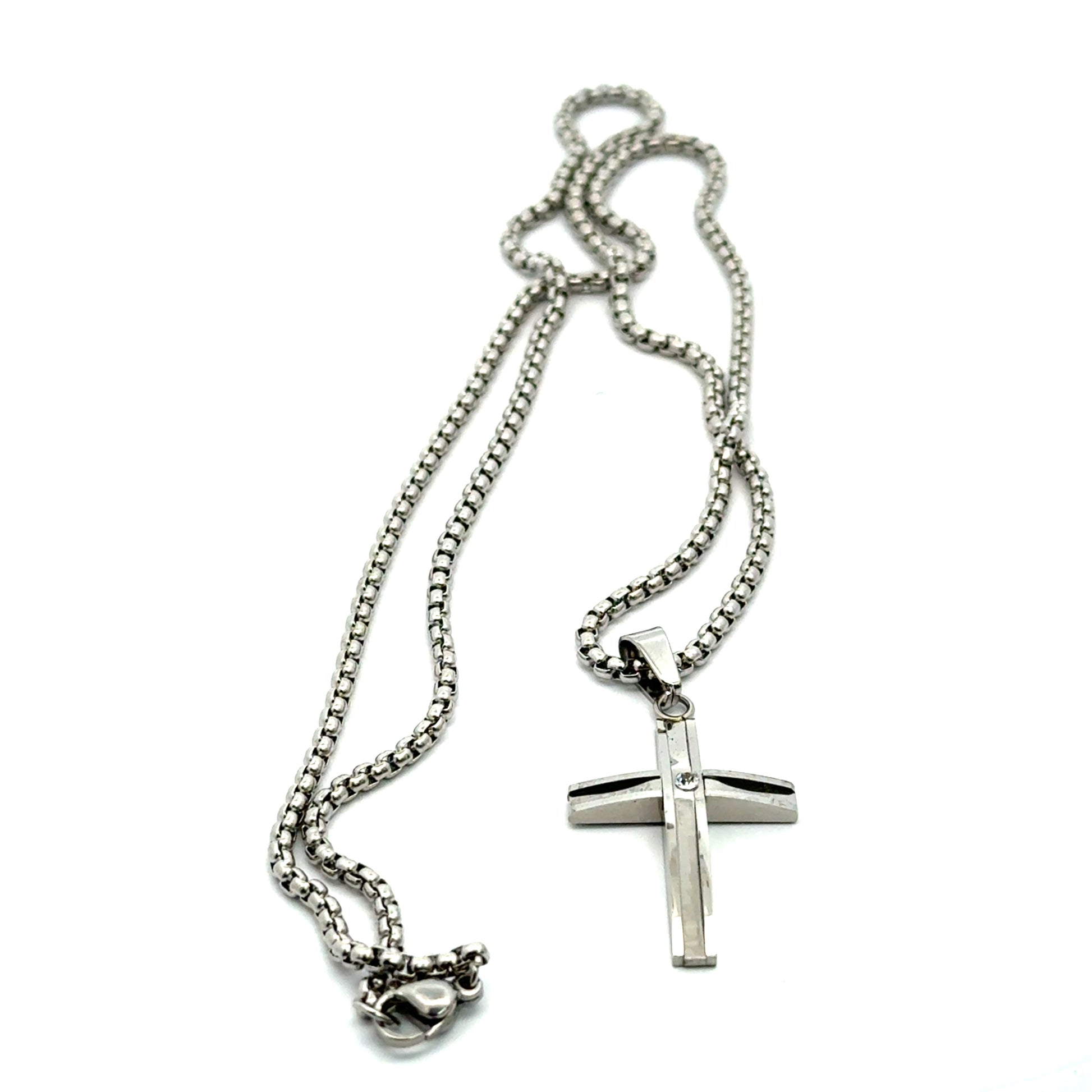 Lant barbati din metal comun si zirconiu cu pandantiv cruce