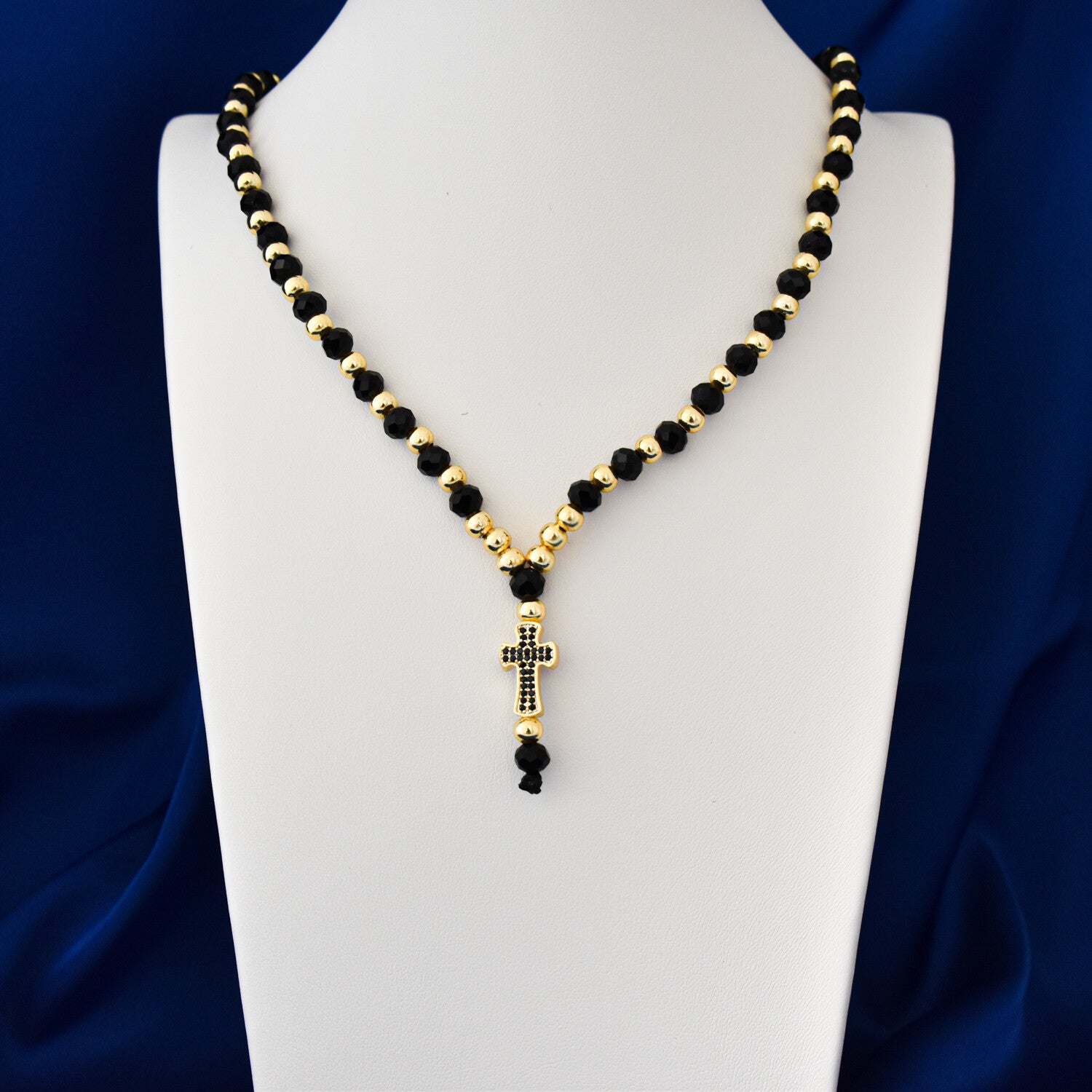 Colier bărbați tip rozariu cu bile fațetate, pandantiv cruce