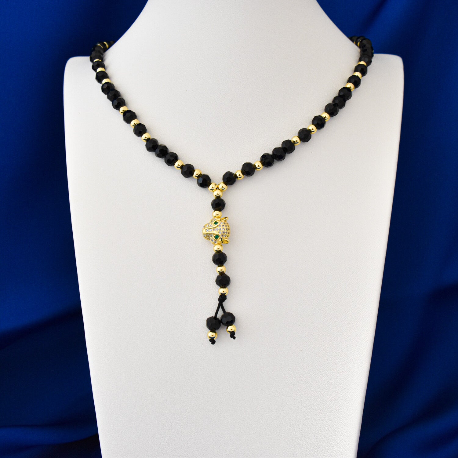 Colier bărbați tip rozariu cu bile fațetate, pandantiv cap panteră