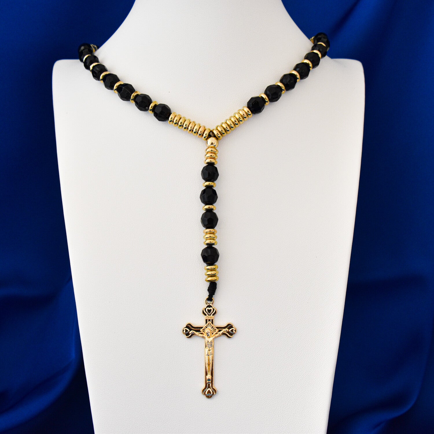 Colier bărbați tip rozariu cu bile fațetate, pandantiv cruce