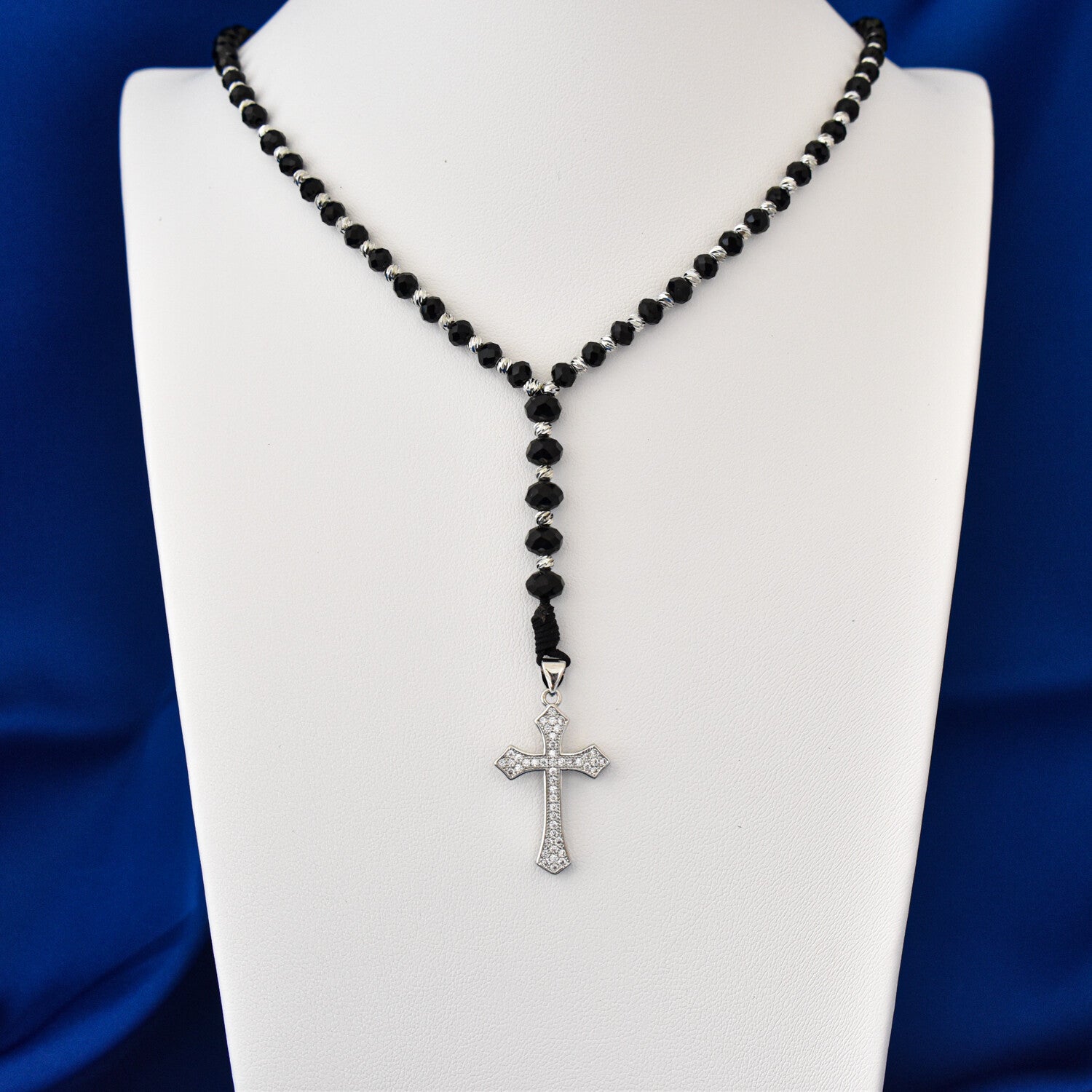 Colier bărbați tip rozariu cu bile fațetate, pandantiv cruce