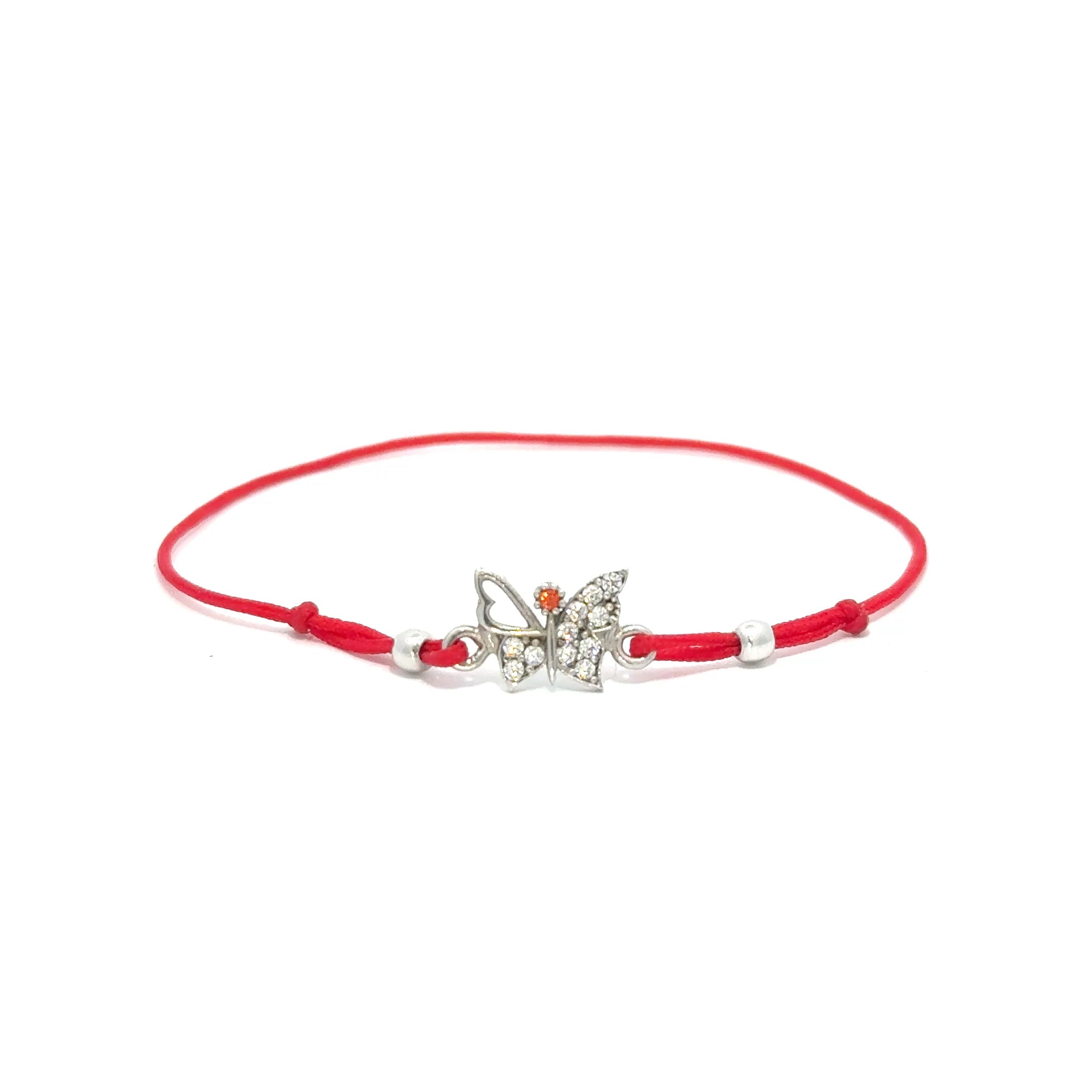 Brățară copii Fluture, argint + zirconia+sfoară roșie
