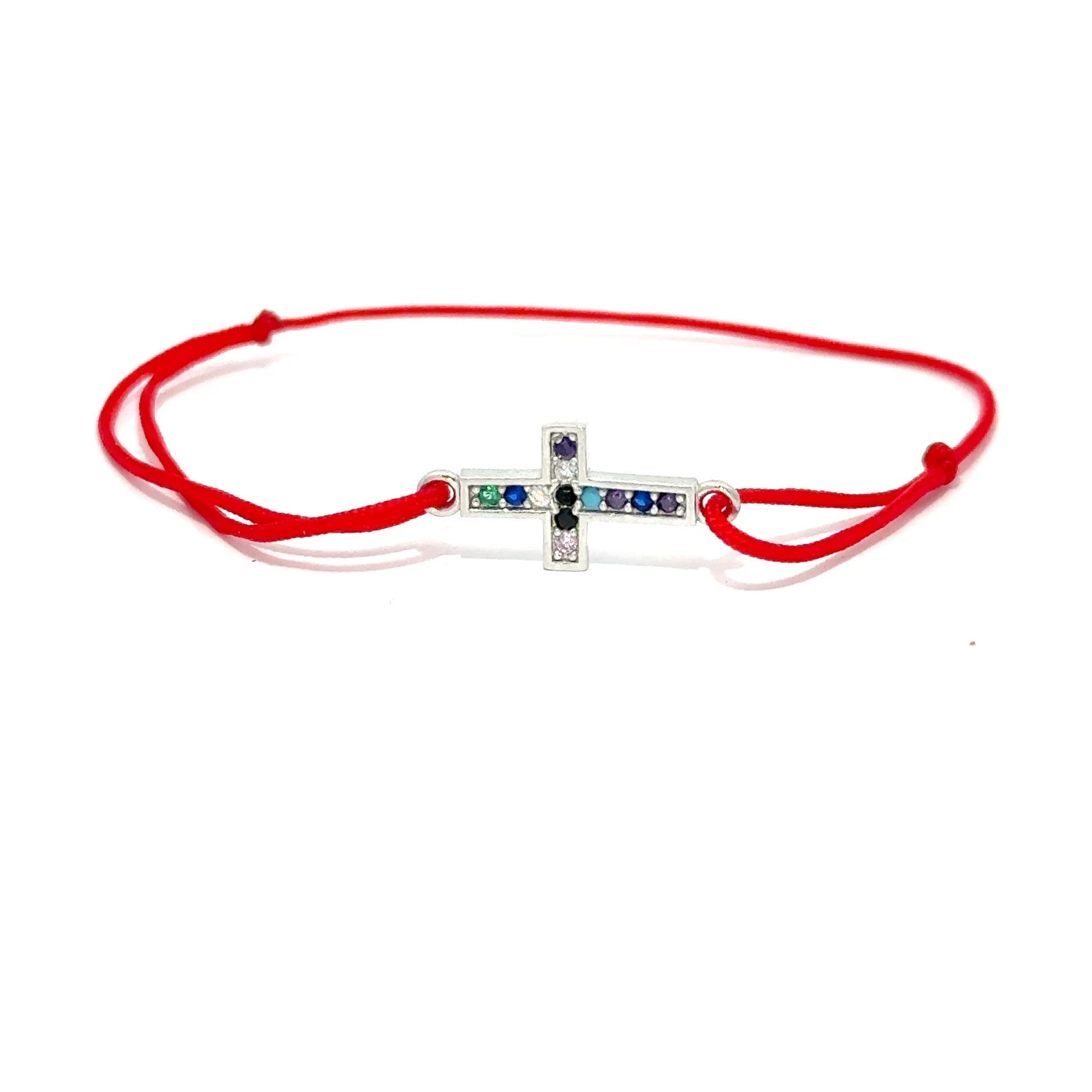 Brățară copii Cruciuliță, argint + zirconia+sfoară roșie