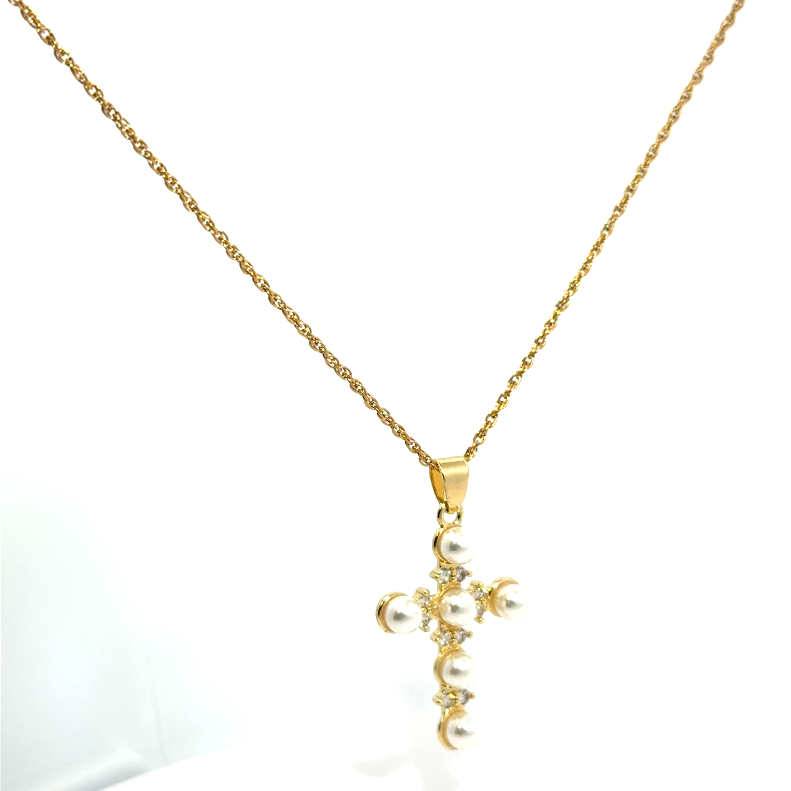 Lanț damă CRUCE, placat cu aur 14k, zirconia + perle sintetice