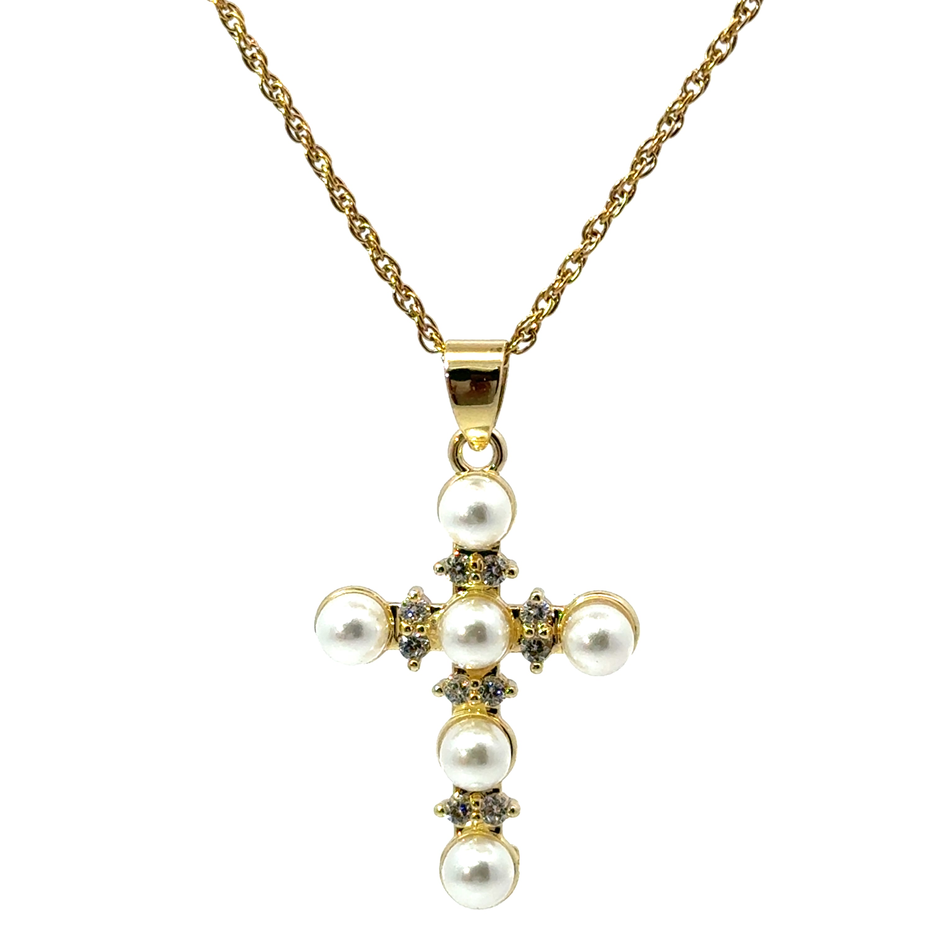 Lanț damă CRUCE, placat cu aur 14k, zirconia + perle sintetice