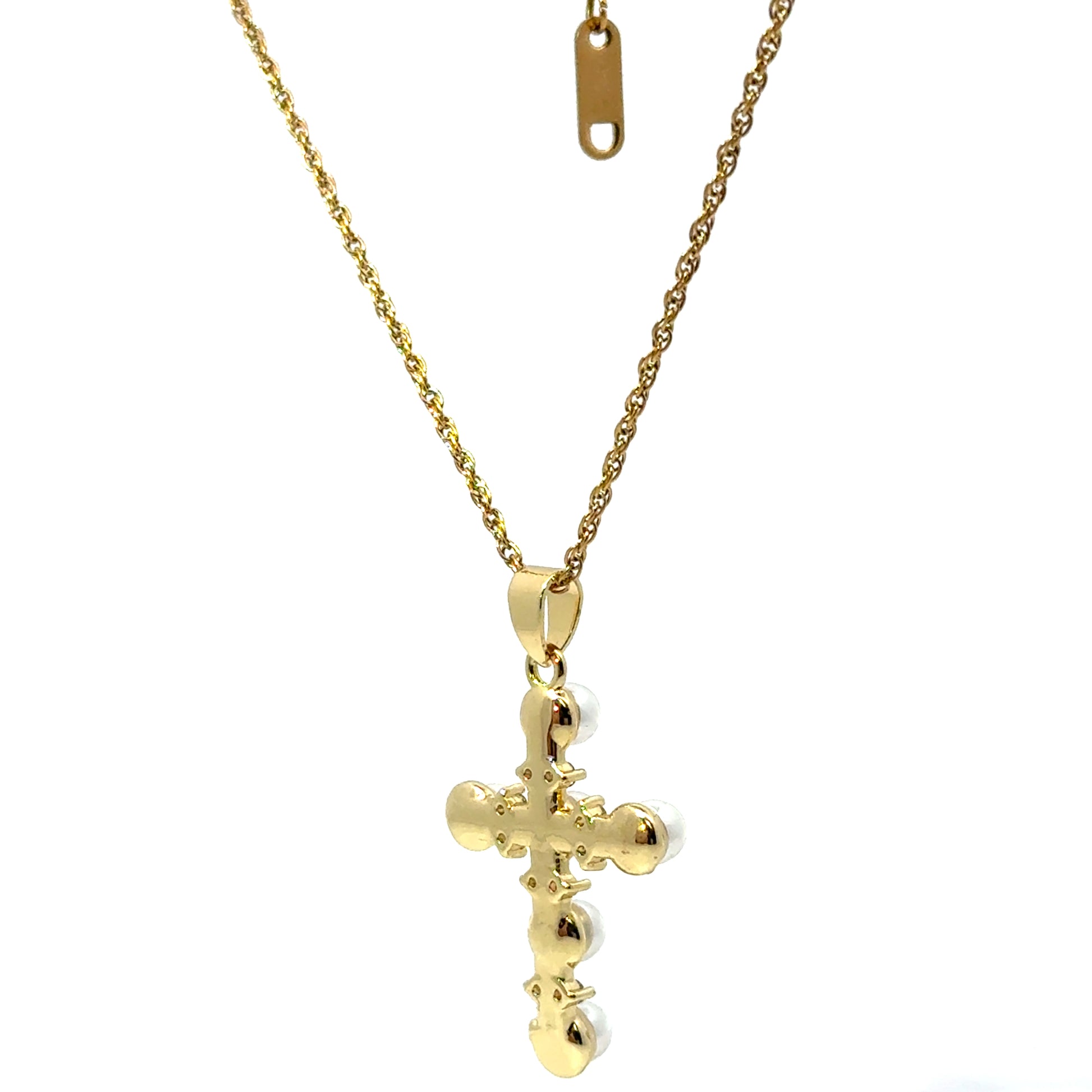 Lanț damă CRUCE, placat cu aur 14k, zirconia + perle sintetice