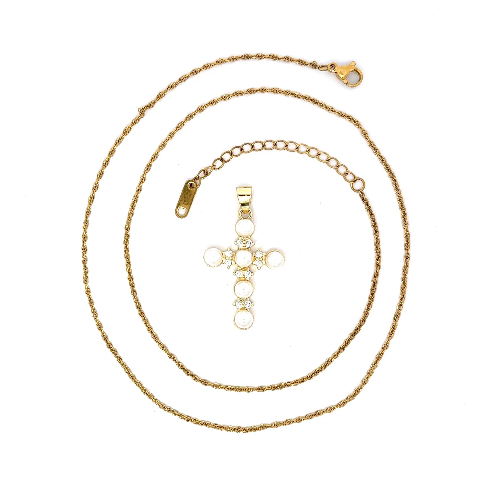 Lanț damă CRUCE, placat cu aur 14k, zirconia + perle sintetice