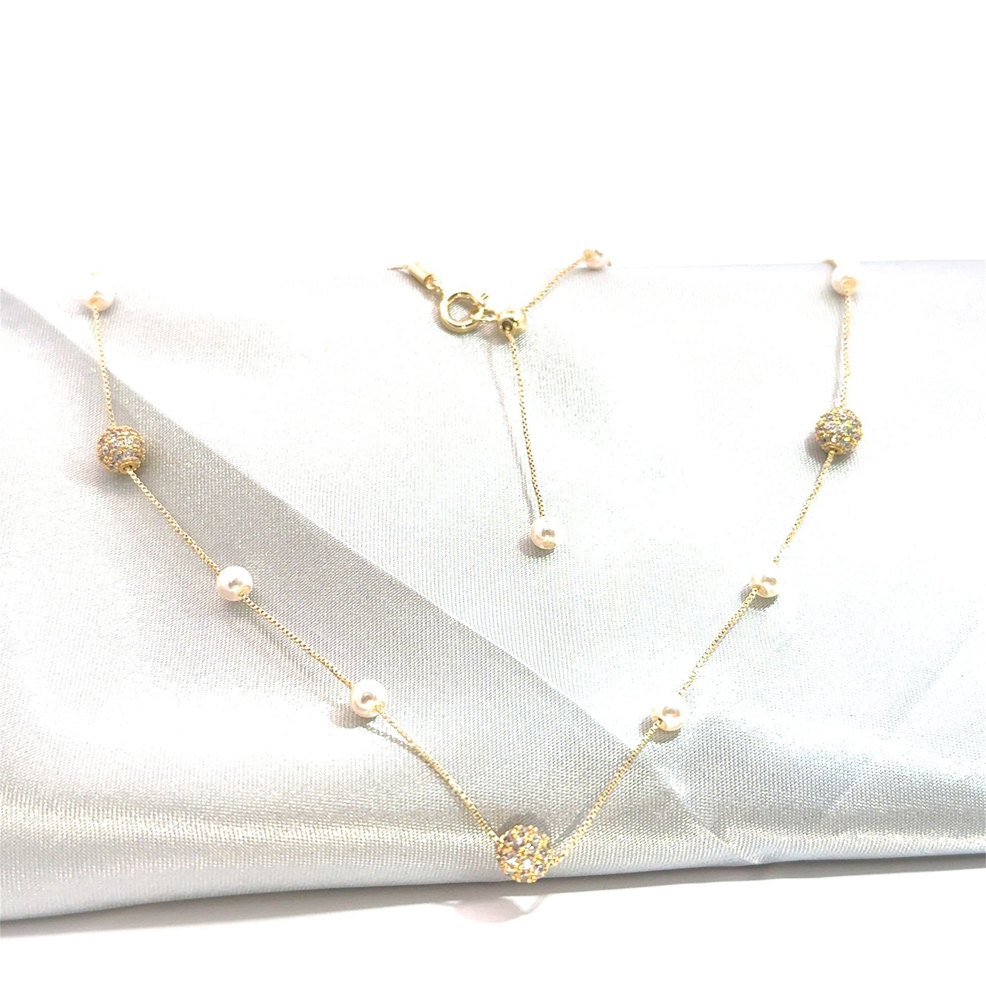 Colier damă SFERĂ, placat cu aur + zirconia și perle